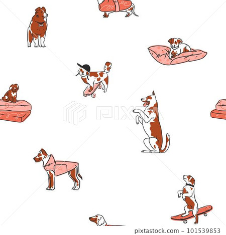 Hand drawn vector abstract graphic line art seamless pattern with diverse cute cartoon dogs characters.Vector illustration of funny cartoon different breeds dogs in trendy flat style. Line dog icon. Hand drawn vector abstract graphic line art seamless pattern with diverse cute cartoon dogs characters.Vector illustration of funny cartoon different breeds dogs in trendy flat style. Line dog icon. 101539853