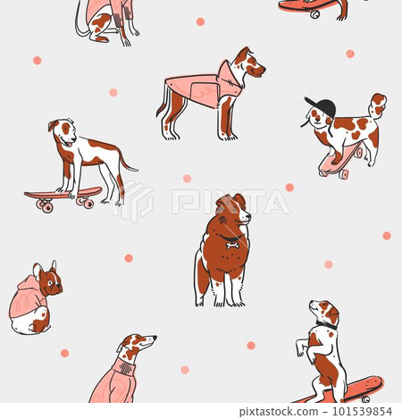 Hand drawn vector abstract graphic line art seamless pattern with diverse cute cartoon dogs characters.Vector illustration of funny cartoon different breeds dogs in trendy flat style. Line dog icon. Hand drawn vector abstract graphic line art seamless pattern with diverse cute cartoon dogs characters.Vector illustration of funny cartoon different breeds dogs in trendy flat style. Line dog icon. 101539854