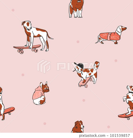 Hand drawn vector abstract graphic line art seamless pattern with diverse cute cartoon dogs characters.Vector illustration of funny cartoon different breeds dogs in trendy flat style. Line dog icon. Hand drawn vector abstract graphic line art seamless pattern with diverse cute cartoon dogs characters.Vector illustration of funny cartoon different breeds dogs in trendy flat style. Line dog icon. 101539857