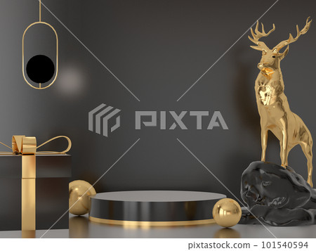 christmas pedestal podium concept. scene with christmas object and black background, black product display, luxury 3d render. stand for christmas gift, showcase, cosmetic, podium product. 101540594