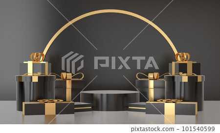 christmas pedestal podium concept. scene with christmas object and black background, black product display, luxury 3d render. stand for christmas gift, showcase, cosmetic, podium product. 101540599