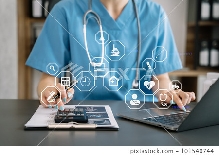 Doctors use a service fee calculator to save money on health insurance, drug cost concepts. 101540744