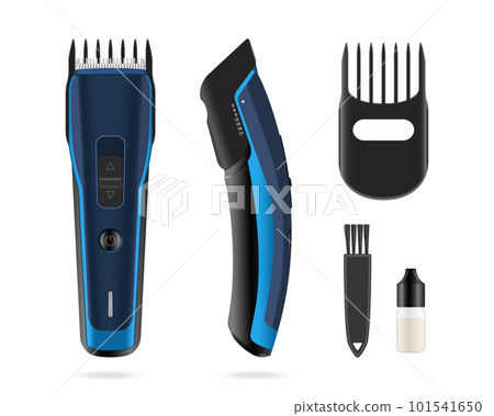 Isolated hair clipper. 3d blue trimmer. Barber tool with accesories. Electric haircut machine. Hairdresser instrument in side, top views Isolated hair clipper. 3d blue trimmer. Barber tool with accesories. Electric haircut machine. Hairdresser instrument in side, top views 101541650