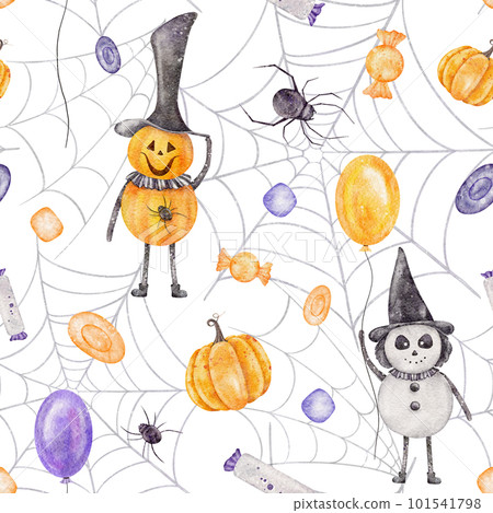 Watercolor Halloween seamless pattern. Jack'o'Lantern print with ballon, spiderweb on white background. 101541798
