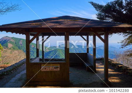 View of the Nagaodaira observatory pavilion from the Nagaodaira park in Mt. Mitake, Ome city, Tokyo in autumn 101542280