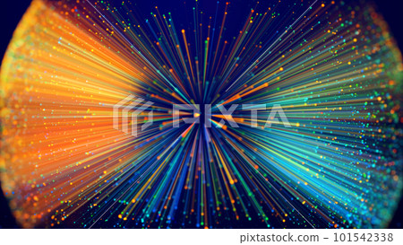 Magic multicolored sparkles of light with rays form flickering abstract simple structures like fiber optic or laser show with amazing bokeh for fantastic background. 3d render 101542338