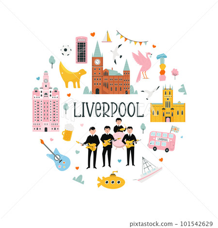 Vector colorful cicrcle design, banner with icons, famous symbols of Liverpool. 101542629