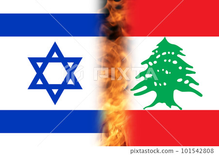 Israel Lebanon war. Flags of Israel and Palestine background. Concept of the Conflict between Israel and the Palestinian Authorities. Fire flame. Out of focus 101542808