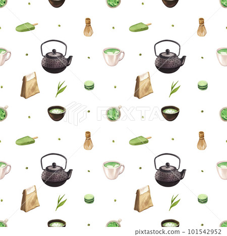 Watercolor seamless pattern matcha tea and coffee elements. Hand-drawn illustration isolated on white background. Perfect concept for cafe, restaurant, menu Japanese tea ceremony 101542952