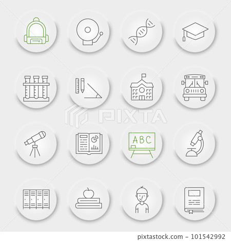 School line icon set, education symbols collection, vector sketches, neumorphic UI UX buttons, back to school icons, knowledge signs linear pictograms, editable stroke 101542992