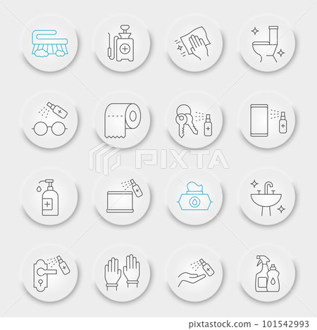 Disinfection line icon set, cleaning symbols collection, vector sketches, neumorphic UI UX buttons, hygiene icons, antibacterial cleaning signs linear pictograms, editable stroke Disinfection line icon set, cleaning symbols collection, vector sketches, neumorphic UI UX buttons, hygiene icons, antibacterial cleaning signs linear pictograms, editable stroke 101542993
