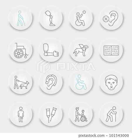Disability line icon set, disabled people collection, vector sketches, neumorphic UI UX buttons, disability icons, disabled signs linear pictograms, editable stroke Disability line icon set, disabled people collection, vector sketches, neumorphic UI UX buttons, disability icons, disabled signs linear pictograms, editable stroke 101543000