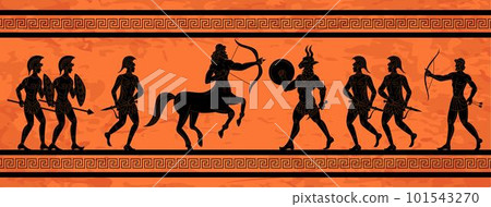Ancient Greek mythology. History war mural. Greece or Odyssey antique painting. Trojan historic art. Sparta soldiers. Mythological faun and centaur. Warriors battle. Vector tidy illustration pattern Ancient Greek mythology. History war mural. Greece or Odyssey antique painting. Trojan historic art. Sparta soldiers. Mythological faun and centaur. Warriors battle. Vector tidy illustration pattern 101543270
