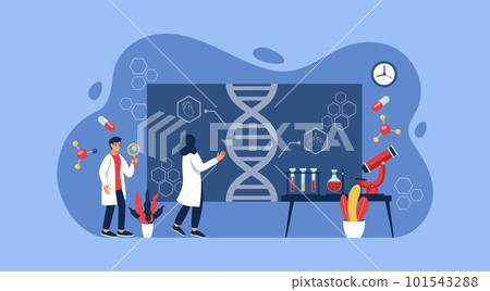 DNA spiral model. Lab research. Chromosome code evolution. Microscopic microbiology in laboratory. Biochemistry cells. Men study genetics. Scientific experiments. Vector tidy illustration information 101543288