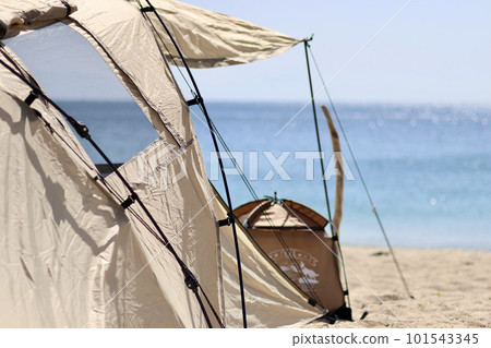 A girls' camp with a toy poodle Leisurely island camp on the blue sea and beautiful beach A woman enjoying camp food 101543345