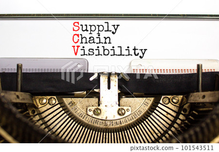 SCV supply chain visibility symbol. Concept words SCV supply chain visibility typed on old retro typewriter. Beautiful white background. Business SCV supply chain visibility concept. Copy space. 101543511