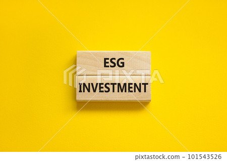 ESG environmental social governance investment symbol. Concept words ESG investment on blocks on a beautiful yellow table yellow background. Business, ESG investment concept. Copy space. 101543526
