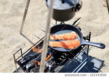 A girls' camp with a toy poodle Leisurely island camp on the blue sea and beautiful beach A woman enjoying camp food 101543690