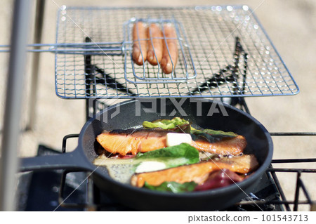 帶玩具貴賓犬的女子營地 蔚藍大海和美麗海灘上悠閒的海島營地 享受營地美食的女士 101543713