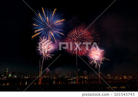 從東京荒川河床看到的足立區煙花匯演 從東京荒川河床看到的足立區煙花匯演 101543743