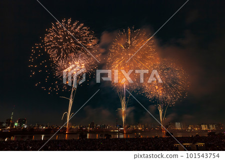 Fireworks display in Adachi Ward seen from the Arakawa riverbed, Tokyo Fireworks display in Adachi Ward seen from the Arakawa riverbed, Tokyo 101543754