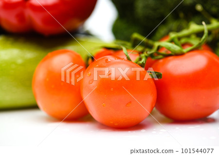 Branch with tomatoes on a white background. Branch with tomatoes on a white background. 101544077