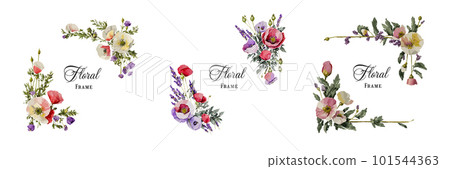 Floral frame set collection with poppies and lavender flowers, elegant watercolor decorations 101544363