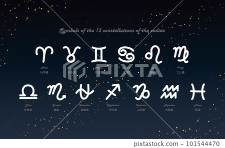 Hand-drawn symbols of the 13 zodiac constellations and illustrations in Japanese and English Hand-drawn symbols of the 13 zodiac constellations and illustrations in Japanese and English 101544470