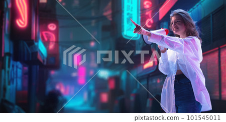 Emotional young girl shouting in megaphone with angry face, standing on evening street. Unfocused city background. News and propaganda Emotional young girl shouting in megaphone with angry face, standing on evening street. Unfocused city background. News and propaganda 101545011