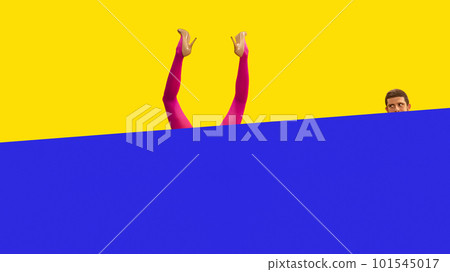 Curious, interested, young man looking out blue background and peeping at female legs in red tights and heels sticking out vivid yellow background Curious, interested, young man looking out blue background and peeping at female legs in red tights and heels sticking out vivid yellow background 101545017