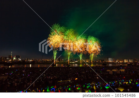 Fireworks display in Adachi Ward seen from the Arakawa riverbed, Tokyo 101545486