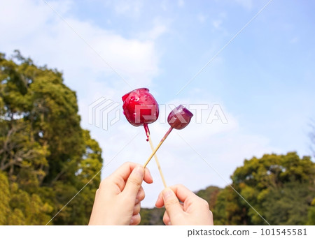Candy apples and candy grapes against the blue sky 101545581