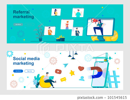 Social media marketing landing page with people characters. Promotion and announcement in social media, referral program web banners set. Advertising campaign in social network vector illustration. 101545615