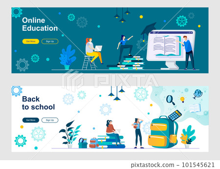 Online education landing page with people characters. Distance learning, online courses and webinars web banners. Back to school concept with pupils vector illustration great for social media cover. Online education landing page with people characters. Distance learning, online courses and webinars web banners. Back to school concept with pupils vector illustration great for social media cover. 101545621