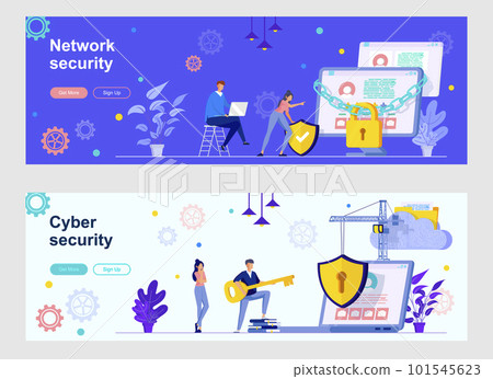 Cyber security landing page with people characters. Internet privacy, password identification web banners. Network security consultation and assistance vector illustration great for social media cover 101545623
