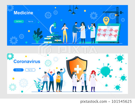 Medicine and coronavirus landing page with people characters. Online consultation, diagnostics and treatment web banners set. Coronavirus pandemic vector illustration great for social media cover. 101545625