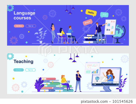 Language courses and teaching landing page with people characters. Online distance learning, teaching service web banners set. E-learning platform vector illustration great for social media cover. 101545626