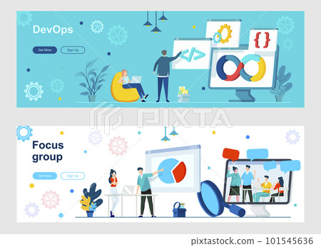 DevOps and focus group landing page with people characters. Potential customers discussion and opinion web banner. Programming and engineering service vector illustration great for social media cover. DevOps and focus group landing page with people characters. Potential customers discussion and opinion web banner. Programming and engineering service vector illustration great for social media cover. 101545636
