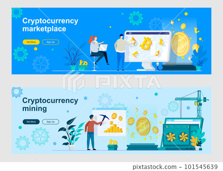 Cryptocurrency mining and trading landing page with people characters. Cryptography and blockchain fintech web banners set. Cryptocurrency marketplace vector illustration great for social media cover. Cryptocurrency mining and trading landing page with people characters. Cryptography and blockchain fintech web banners set. Cryptocurrency marketplace vector illustration great for social media cover. 101545639