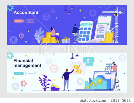 Accountant and financial management landing page with people characters. Audit, calculating financial statements web banners set. Business consulting vector illustration great for social media cover. 101545651