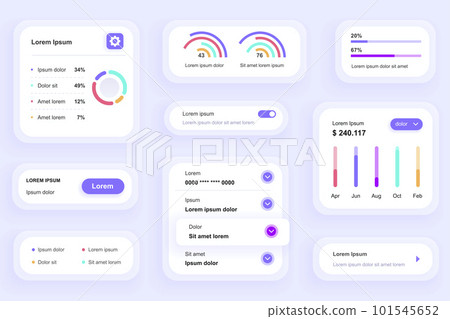 GUI elements for business analytics mobile app. Statistics diagrams and financial indexes user interface generator. Unique ui ux design kit vector illustration. Information visualisation components. 101545652