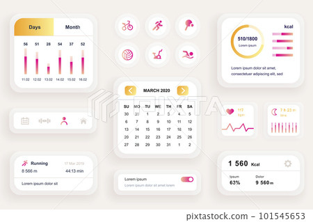 GUI elements for fitness workout mobile app. Fitness activity planner with calendar, heart rate monitor user interface generator. Ui ux design kit vector illustration. Health monitoring components. 101545653