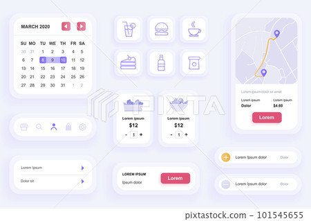 GUI elements for food delivery mobile app. Online food order and catering service user interface generator. Unique ui ux design kit vector illustration. Schedule, menu and route on map components. 101545655