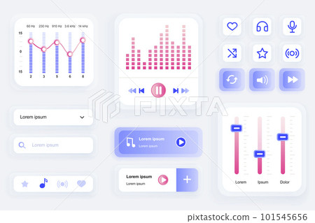 GUI elements for music player mobile app. Audio equalizer settings, playlist navigation, search bar user interface generator. Unique ui ux design kit vector illustration. Music listening components. 101545656