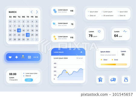 GUI elements for medicine mobile app. Online medical services in clinic, pharmacy store user interface generator. Unique ui ux design kit vector illustration. Calendar, navigation and chart components 101545657