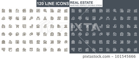 Real estate thin line icons set. Commercial and residential building, mortgage and rent services unique icons. Real estate agency outline vector bundle. 48x48 pixel perfect linear pictogram pack. Real estate thin line icons set. Commercial and residential building, mortgage and rent services unique icons. Real estate agency outline vector bundle. 48x48 pixel perfect linear pictogram pack. 101545666