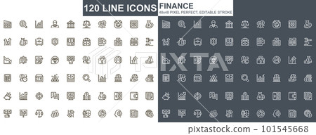 Finance thin line icons set. Online banking, capital investment unique design icons. Financial deposit, payment and exchange currency outline vector bundle. 48x48 pixel perfect linear pictogram pack. 101545668