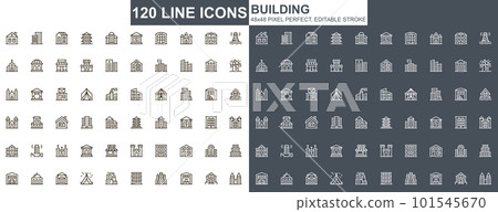 Building thin line icons set. Real estate property, engineering and construction unique design icons. Buy, mortgage and rent services outline vector bundle. 48x48 pixel perfect linear pictogram pack. Building thin line icons set. Real estate property, engineering and construction unique design icons. Buy, mortgage and rent services outline vector bundle. 48x48 pixel perfect linear pictogram pack. 101545670