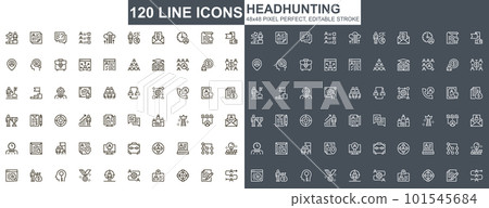 Headhunting thin line icons set. Recruitment and staff hiring unique design icons. Candidates employment, human resource management outline vector bundle. 48x48 pixel perfect linear pictogram pack. Headhunting thin line icons set. Recruitment and staff hiring unique design icons. Candidates employment, human resource management outline vector bundle. 48x48 pixel perfect linear pictogram pack. 101545684