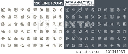 Data analytics thin line icons set. Business statistics and financial statements unique design icons. Data processing and analysis outline vector bundle. 48x48 pixel perfect linear pictogram pack. 101545685